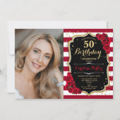 Invitation Red Roses Gold Black Photo 50e anniversaire (Devant)