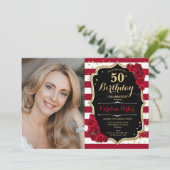 Invitation Red Roses Gold Black Photo 50e anniversaire (Debout devant)