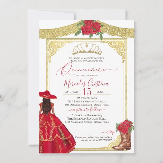 Invitation Red Roses Gold Elegant Western Charro Quinceanera (Devant)