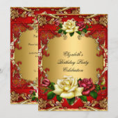 Invitation Red Roses Gold Élégante fête d'anniversaire 3 (Devant / Derrière)