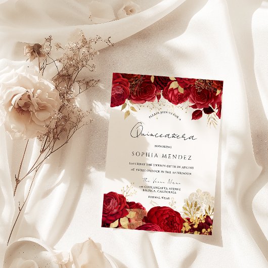 Invitation Red Roses Gold feuille Quinceanera Party