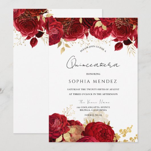 Invitation Red Roses Gold feuille Quinceanera Party Invitatio (Devant / Derrière)