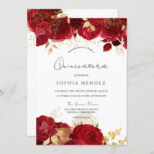Invitation Red Roses Gold feuille Quinceanera Party Invitatio