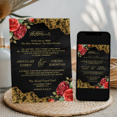 Invitation Red Roses Gold Lace QR Code Black Muslim Mariage