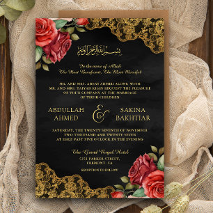 Invitation Red Roses Gold Lace QR Code Black Muslim Mariage
