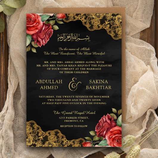 Invitation Red Roses Gold Lace QR Code Black Muslim Mariage