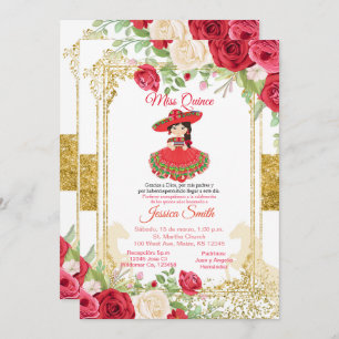 Invitation Red Roses & Gold Miss Quinceaña Mexicaine
