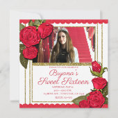 Invitation Red Roses Gold Parties scintillant Sweet 16 Annive (Devant)