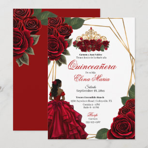 Invitation Red Roses Gold Quinceañera