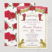 Invitation Red Roses Gold Western Charro Quinceañera (Devant / Derrière)