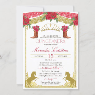 Invitation Red Roses Gold Western Charro Quinceañera