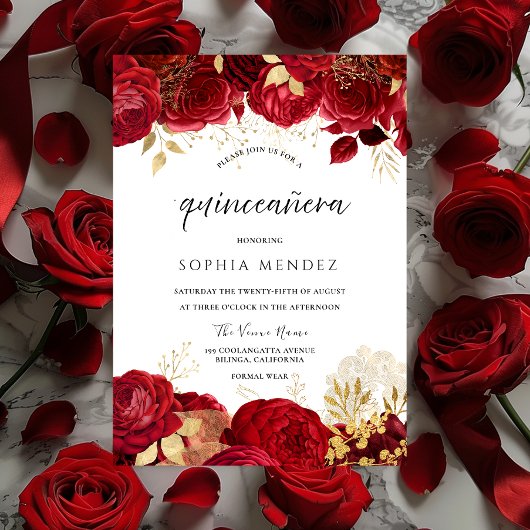 Invitation Red Roses Golden leaf Quinceanera Party