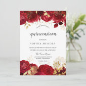 Invitation Red Roses Golden leaf Quinceanera Party (Debout devant)
