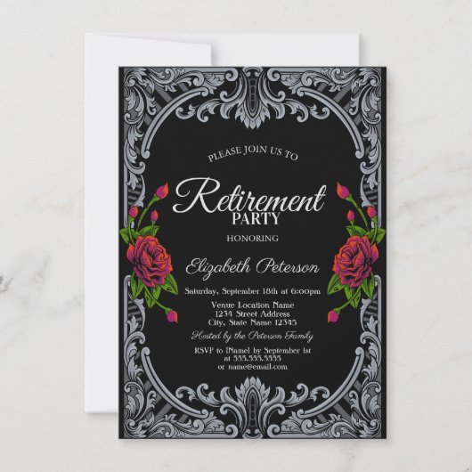 Invitation Red Roses Gothique Black Stripes Parti de retraite (Devant)
