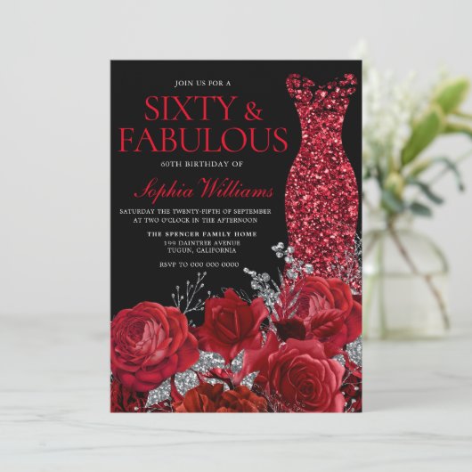 Invitation Red Roses & Gown Black 60e fête d'anniversaire (Debout devant)