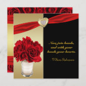 Invitation Red Roses & Hearts, Gold & Black Mariage (Devant / Derrière)