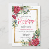 Invitation Red Roses Holly Berry Rustic Chic Noël Party (Devant)