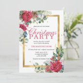 Invitation Red Roses Holly Berry Rustic Chic Noël Party (Debout devant)