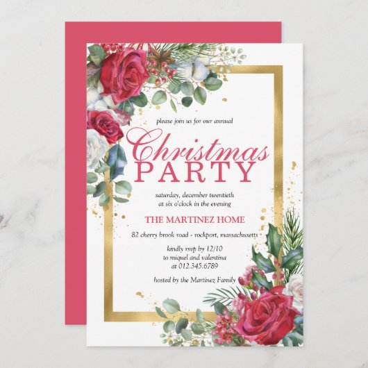 Invitation Red Roses Holly Berry Rustic Chic Noël Party (Devant / Derrière)