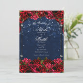 Invitation Red Roses Marine Blue Gold Enchanted Floral Mariag (Debout devant)