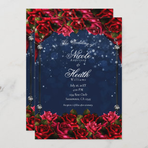 Invitation Red Roses Marine Blue Gold Enchanted Floral Mariag
