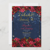 Invitation Red Roses Marine Blue Gold Enchanted Sweet 16 16e (Devant)