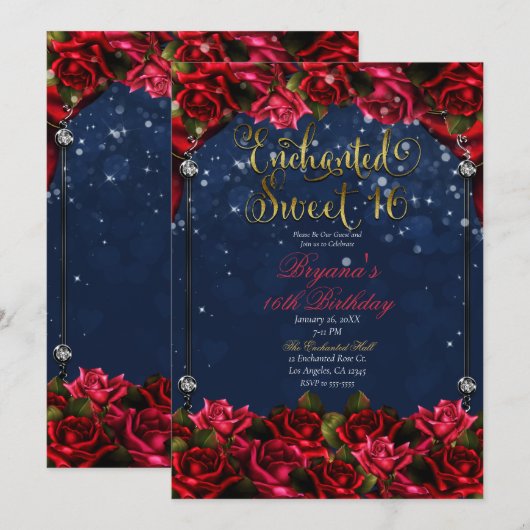 Invitation Red Roses Marine Blue Gold Enchanted Sweet 16 16e (Devant / Derrière)