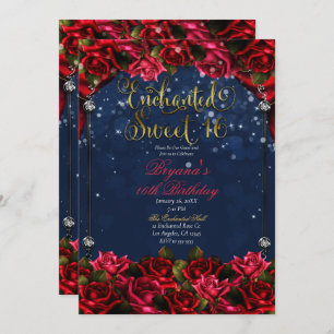 Invitation Red Roses Marine Blue Gold Enchanted Sweet 16 16e