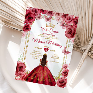 Invitation Red Roses Mexicaine Princesse Quiñceanera Floral