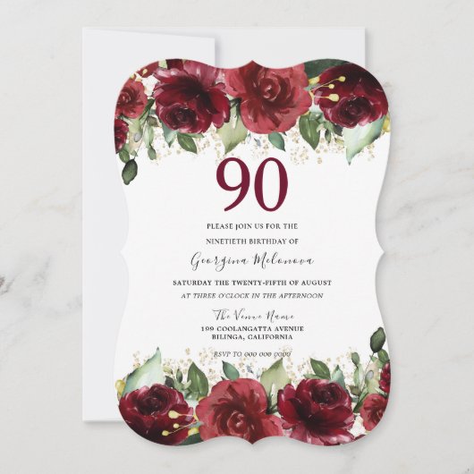 Invitation Red Roses Parties scintillant Floral 90e fête d'an (Devant)