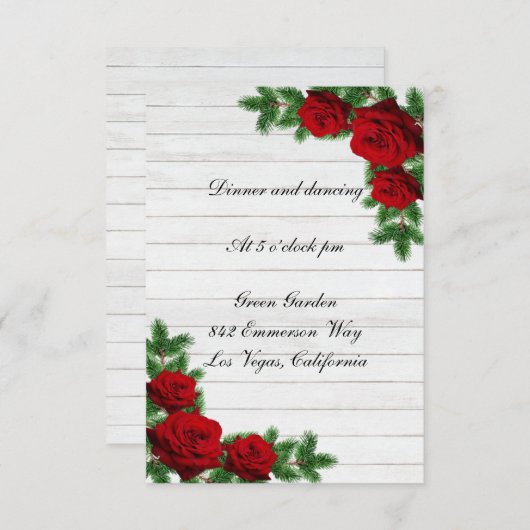 Invitation Red Roses Pine Branche Noël Mariage Réception (Devant / Derrière)