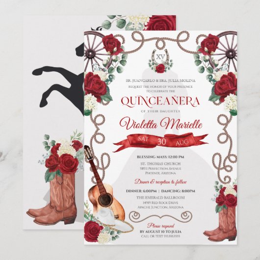 Invitation Red Roses Quinceanera Ouest Elegant Charro (Devant / Derrière)