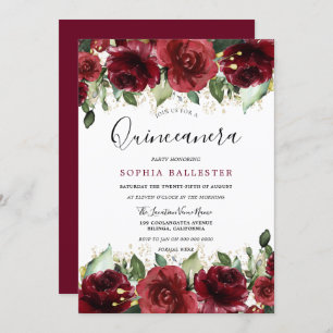 Invitation Red Roses Romantique Floral Quinceanera Party