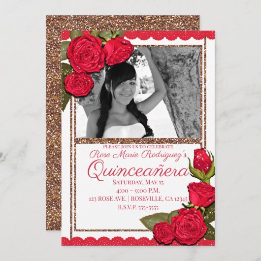 Invitation Red Roses Rose Parties scintillant or Quinceañera (Devant / Derrière)