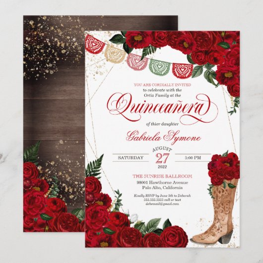 Invitation Red Roses Russe Western Charro Boots Quinceañera (Devant / Derrière)