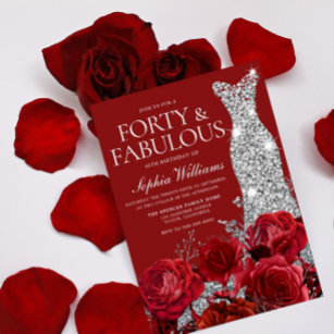 Invitation Red Roses Silver Diamond Gown 40e fête d'anniversa