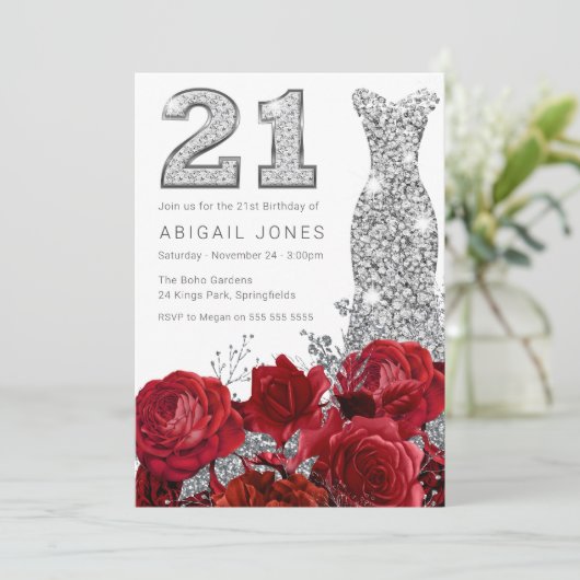 Invitation Red Roses & Silver Gown 21e fête d'anniversaire (Debout devant)