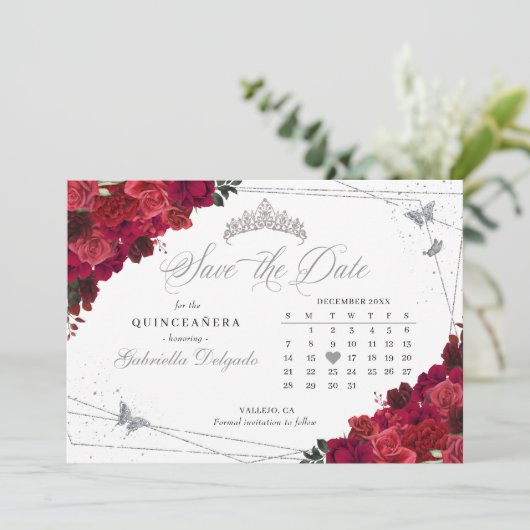 Invitation Red Roses & Silver Quinceañera Enregistrer La Date (Debout devant)