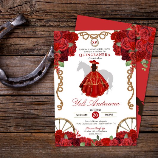 Invitation Red Roses Western Cowboy Charra Quinceañera