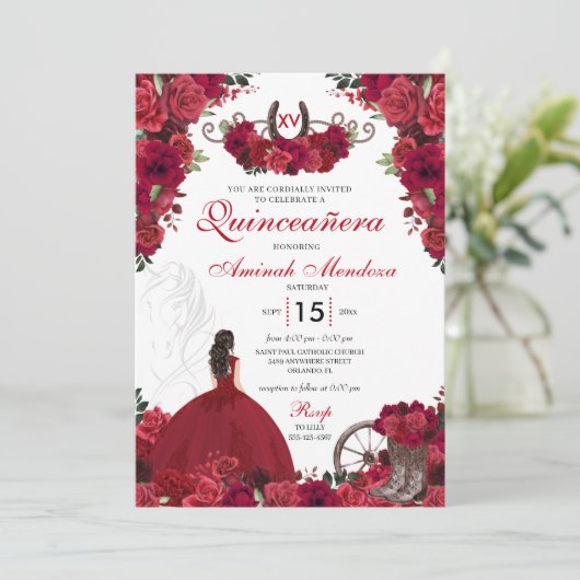 Invitation Red Roses Western Princesse Charra Quinceanera (Debout devant)