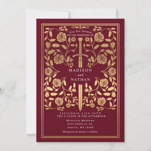 Invitation Red Royal Medieval Gold Sword Wedding QR Code (Devant)