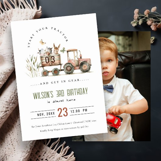Invitation Red Rust Farm Animaux Tracteur Enfants Photo Anniv