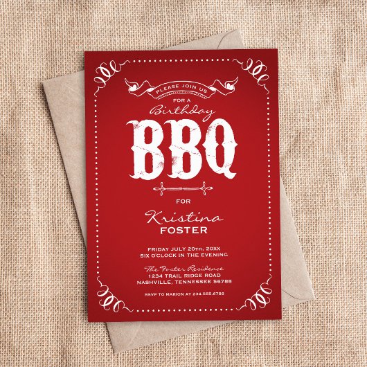 Invitation Red Rustic Birthday Party BBQ