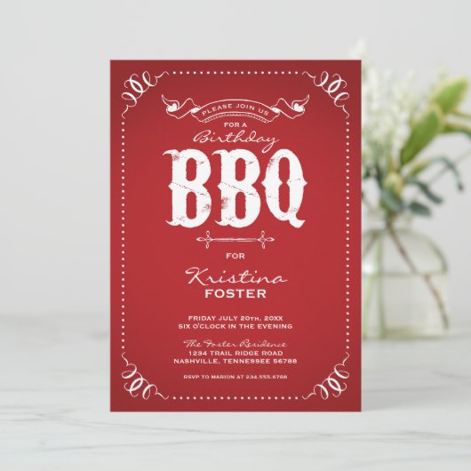 Invitation Red Rustic Birthday Party BBQ (Debout devant)