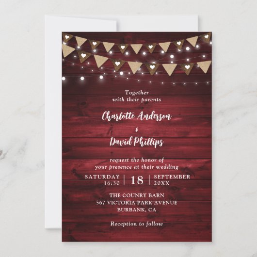 Invitation Red Rustic Country Bois Mariage (Devant)