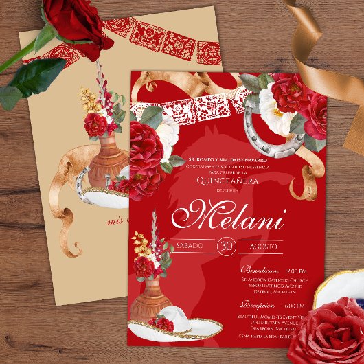 Invitation Red Rustic Floral Charro Quinceanera Anniversaire