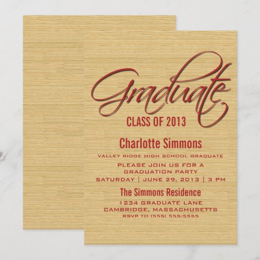 Invitation Red Rustic Script Graduation (Devant / Derrière)