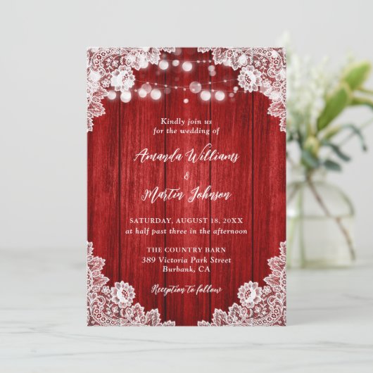 Invitation Red Rustic Wood String Lights Floral Lace Wedding (Debout devant)