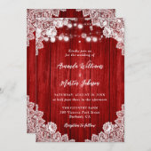 Invitation Red Rustic Wood String Lights Floral Lace Wedding (Devant / Derrière)