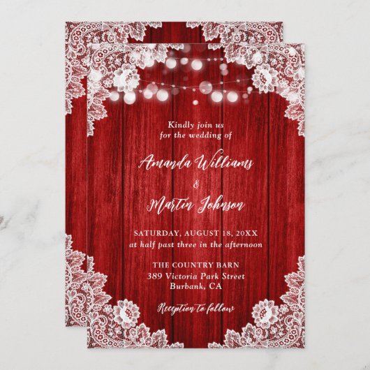 Invitation Red Rustic Wood String Lights Floral Lace Wedding (Devant / Derrière)